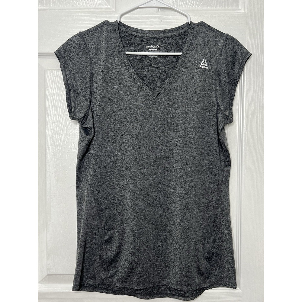 Reebok Womens Athletic Top Size M Gray V-Neck Short Sleeve Workoutโ Shirt Gym